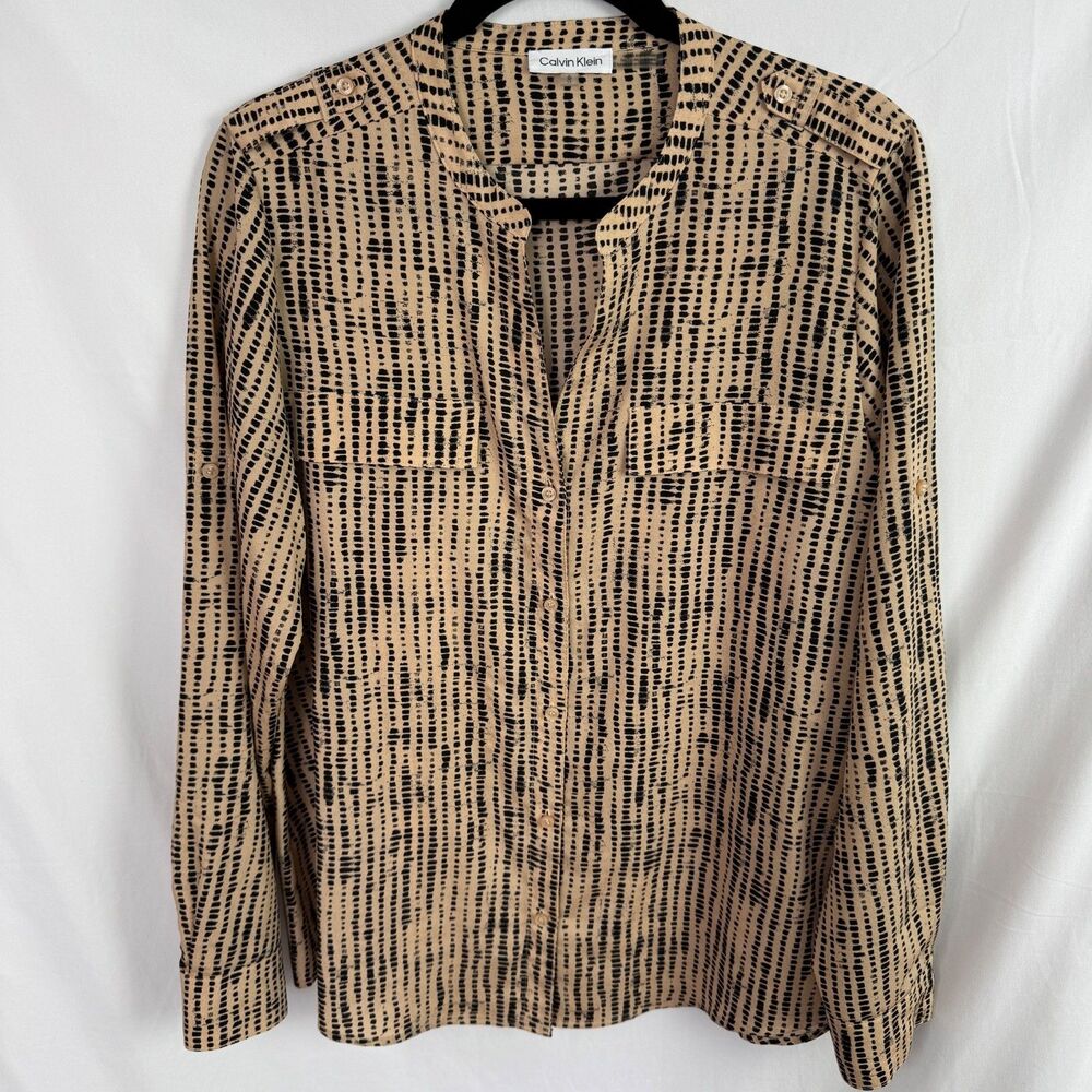 Calvin Klein Women's Blouse Top Size Large Brown/Black Print Long Sleeves